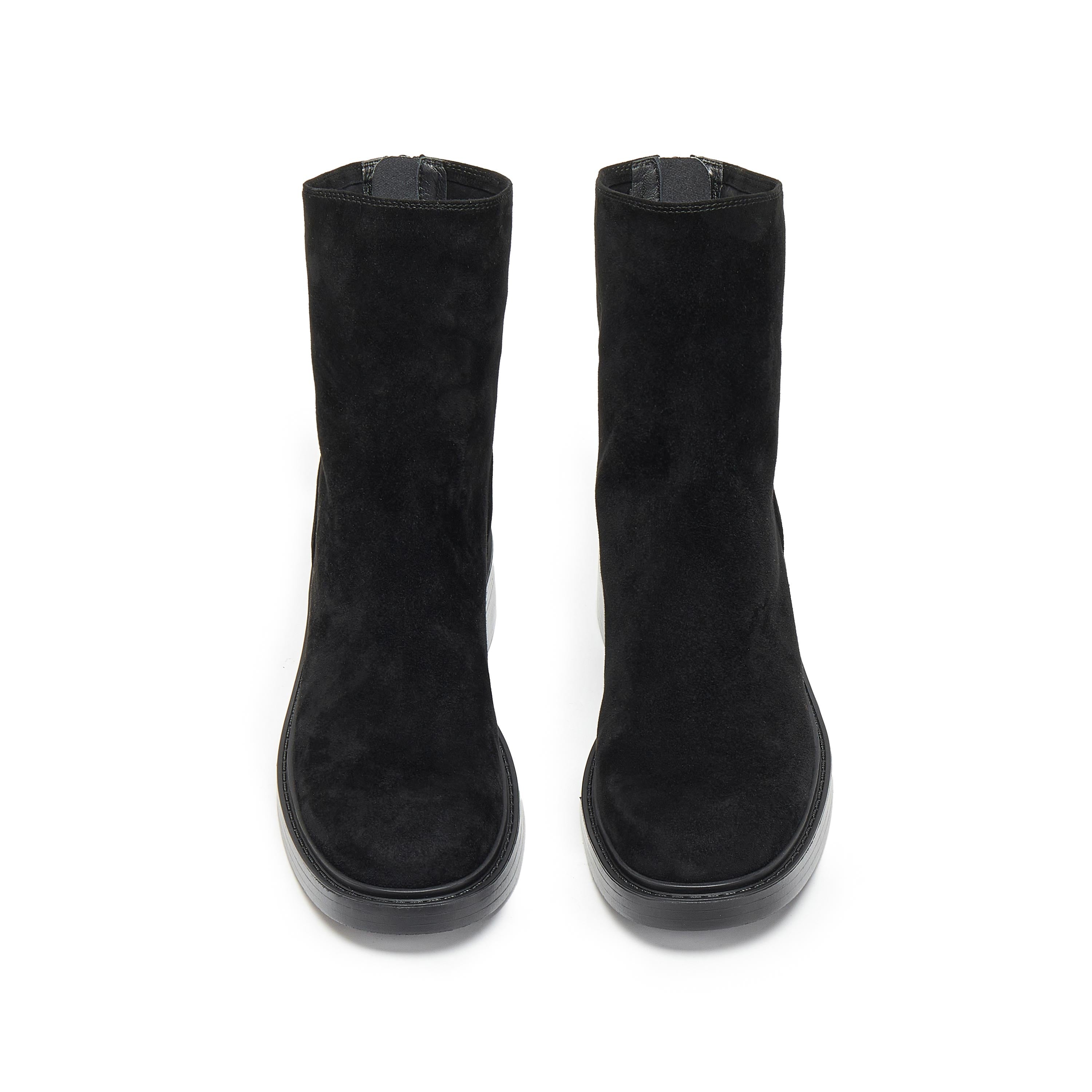 Black Kid Suede Leather Flat Ankle Boots