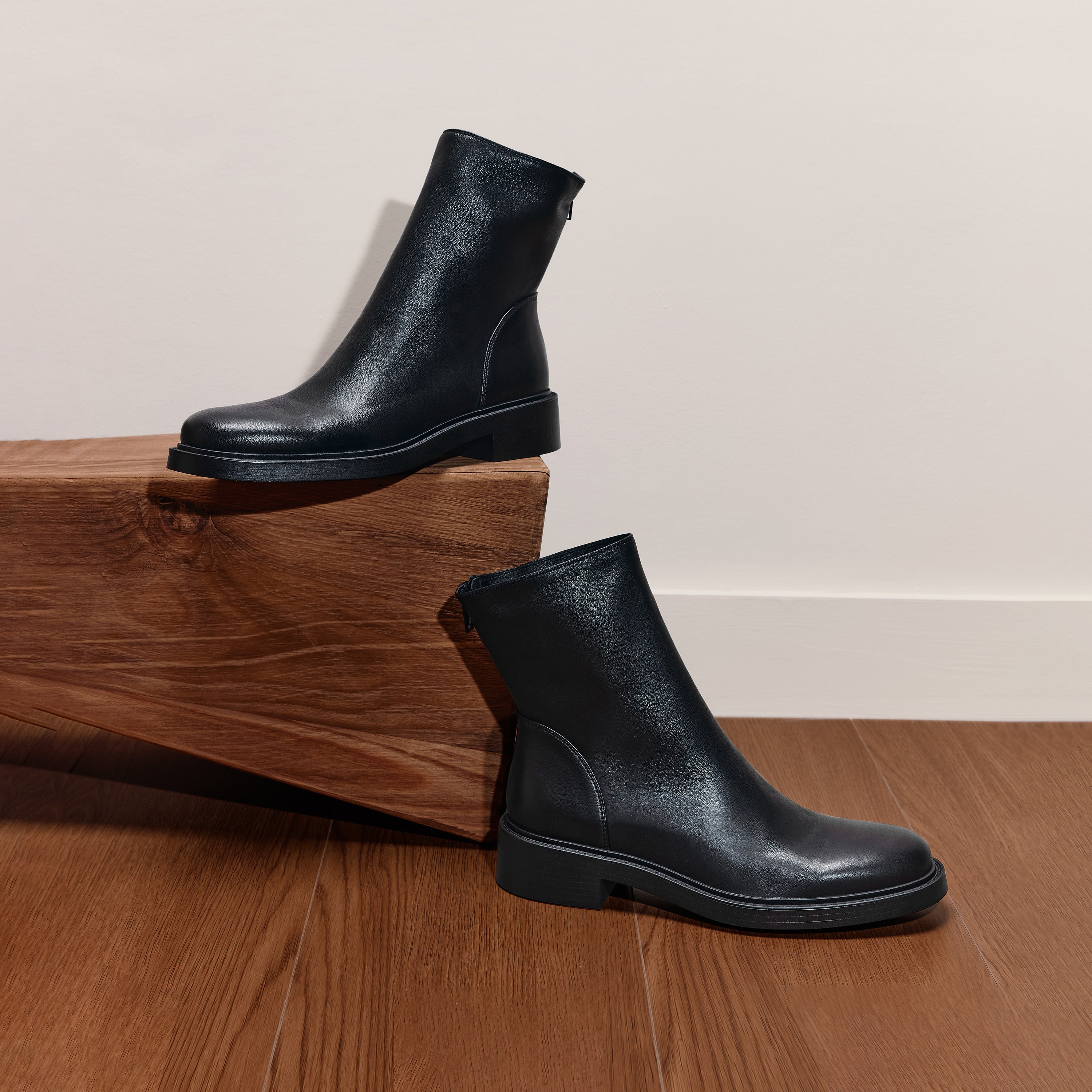 Black Kid Suede Leather Flat Ankle Boots