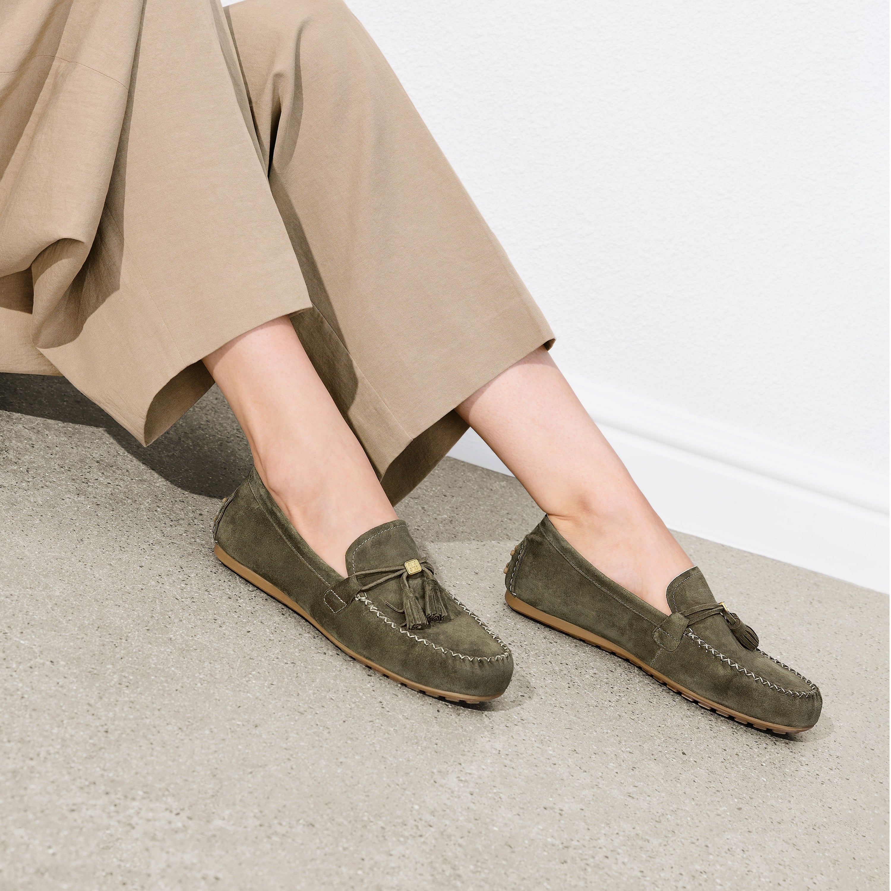 Olive Sheep Suede Tassel Comfy Flat Loafers