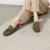 Olive Sheep Suede Tassel Comfy Flat Loafers