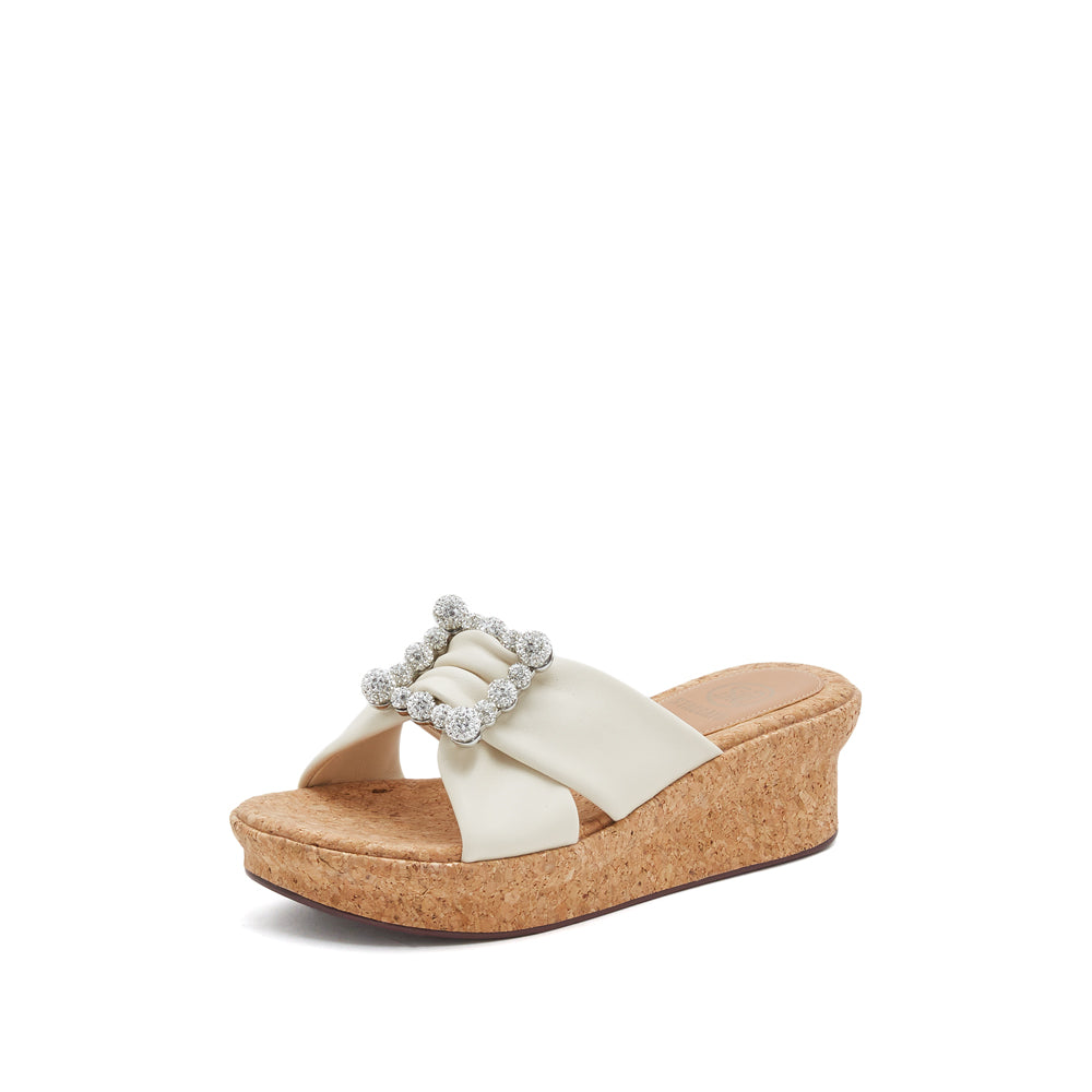 Beige Crystal-ball Cross Strap Wedge Corks