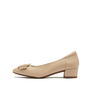 Taupe Bow Buckle Leather Heeled Pumps