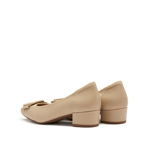 Taupe Bow Buckle Leather Heeled Pumps