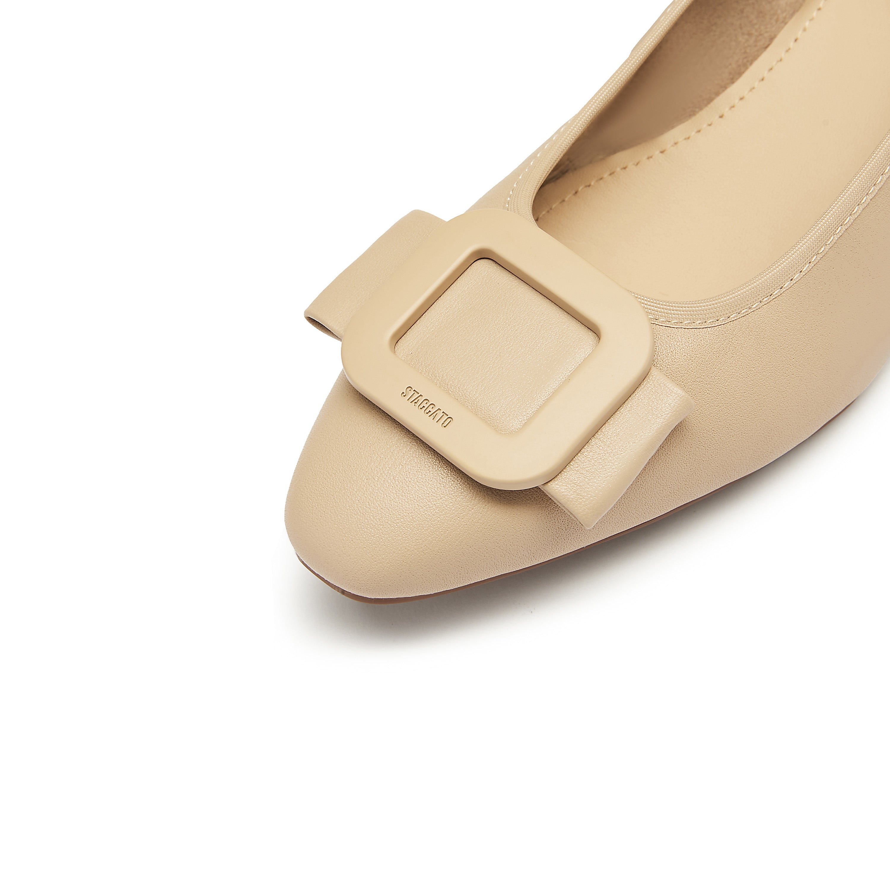 Taupe Bow Buckle Leather Heeled Pumps