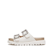Beige Crystal Buckle Double Strap Leather Sandals