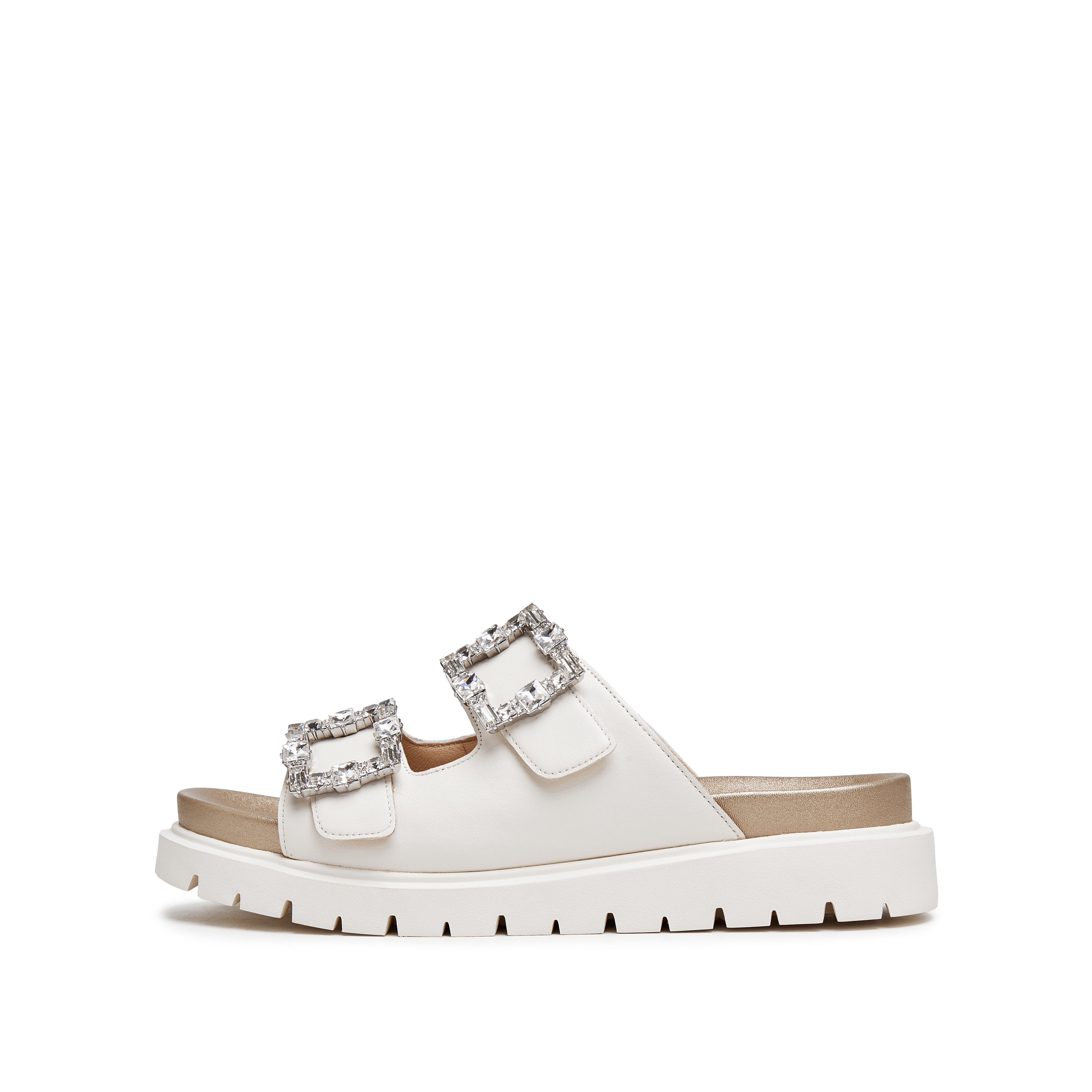 Beige Crystal Buckle Double Strap Leather Sandals