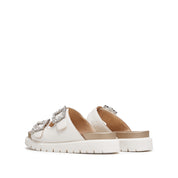 Beige Crystal Buckle Double Strap Leather Sandals