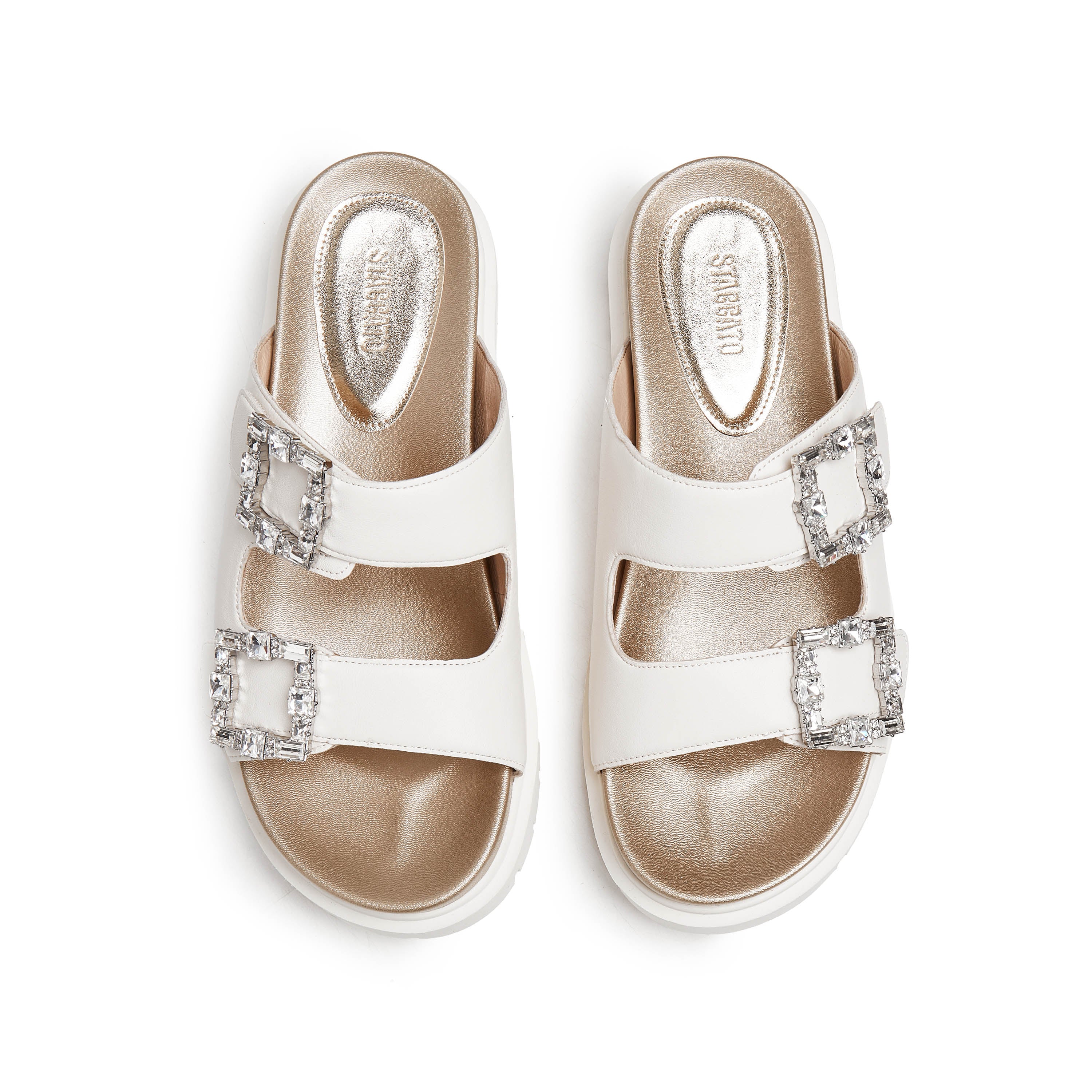 Beige Crystal Buckle Double Strap Leather Sandals