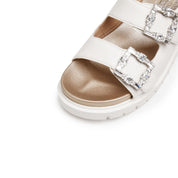 Beige Crystal Buckle Double Strap Leather Sandals