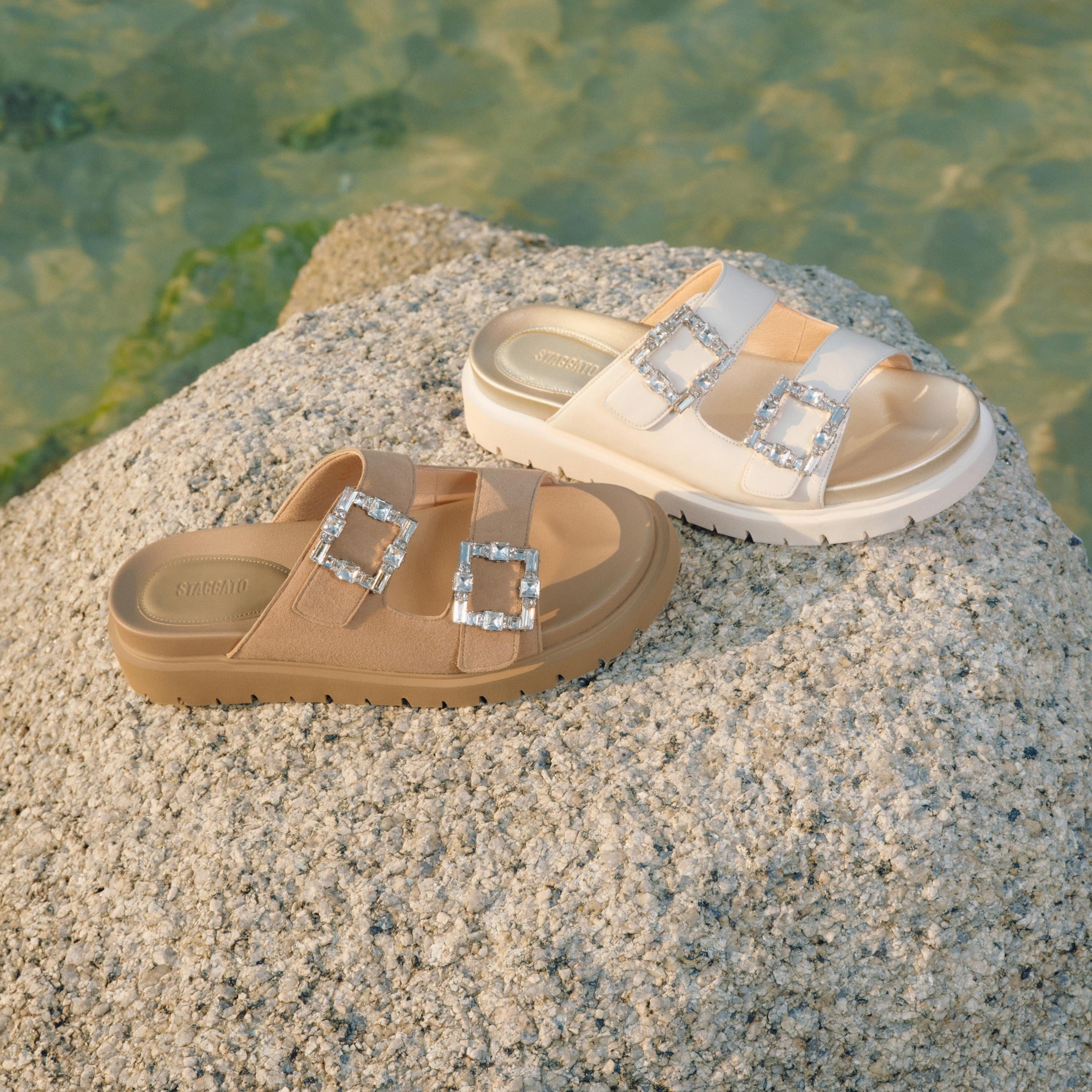 Beige Crystal Buckle Double Strap Leather Sandals