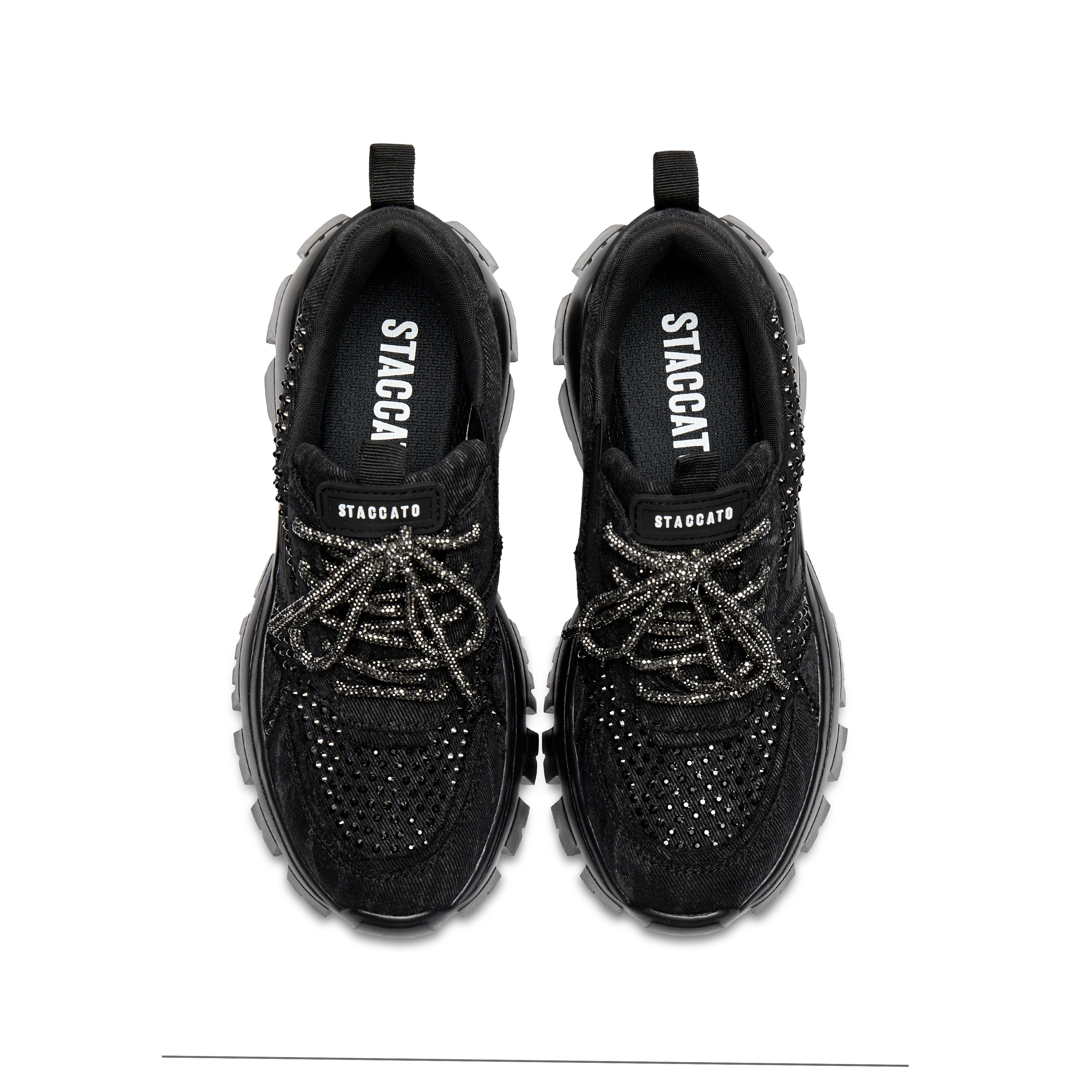 Black Washed Denim Crystal Chunky Sneakers