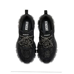 Black Washed Denim Crystal Chunky Sneakers