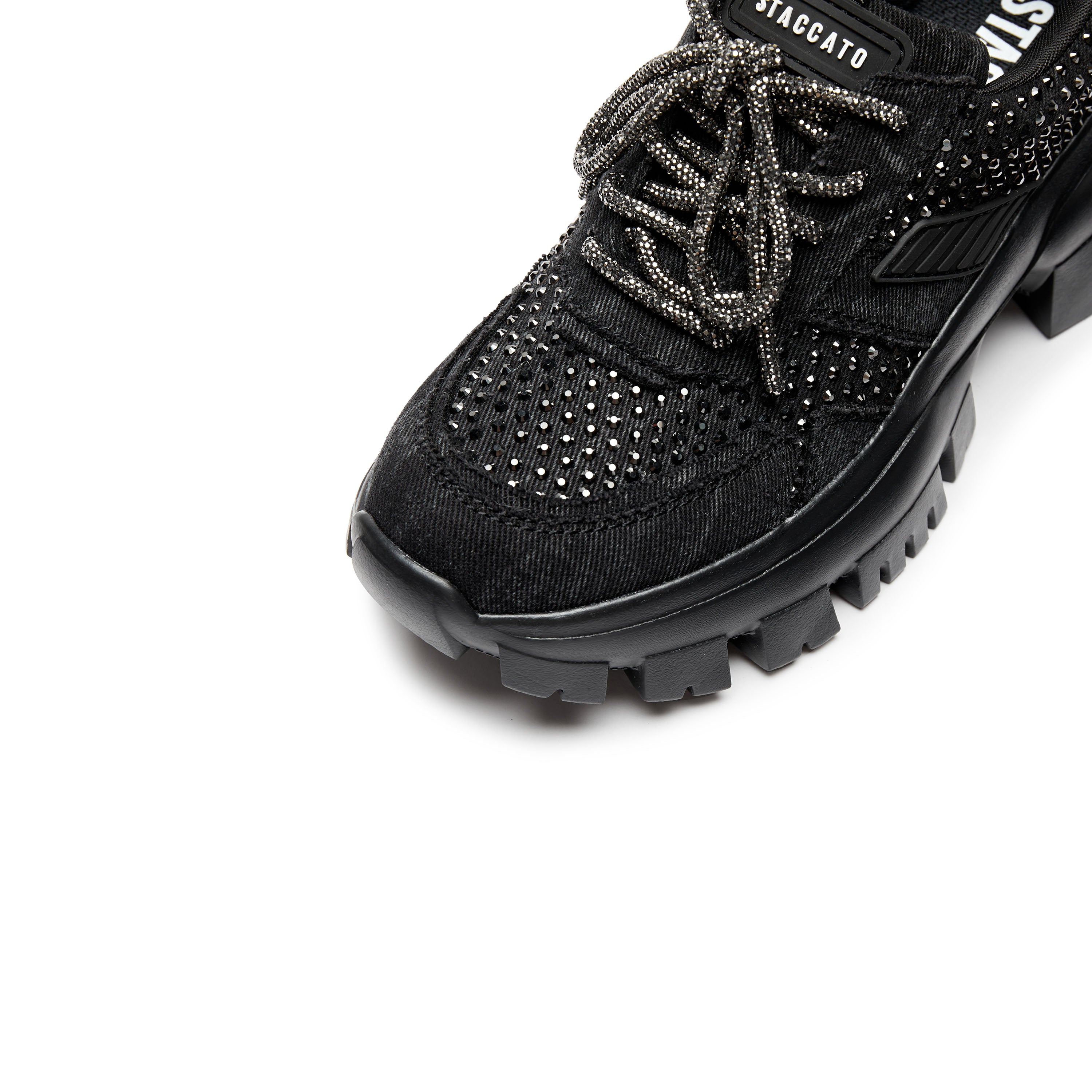 Black Washed Denim Crystal Chunky Sneakers