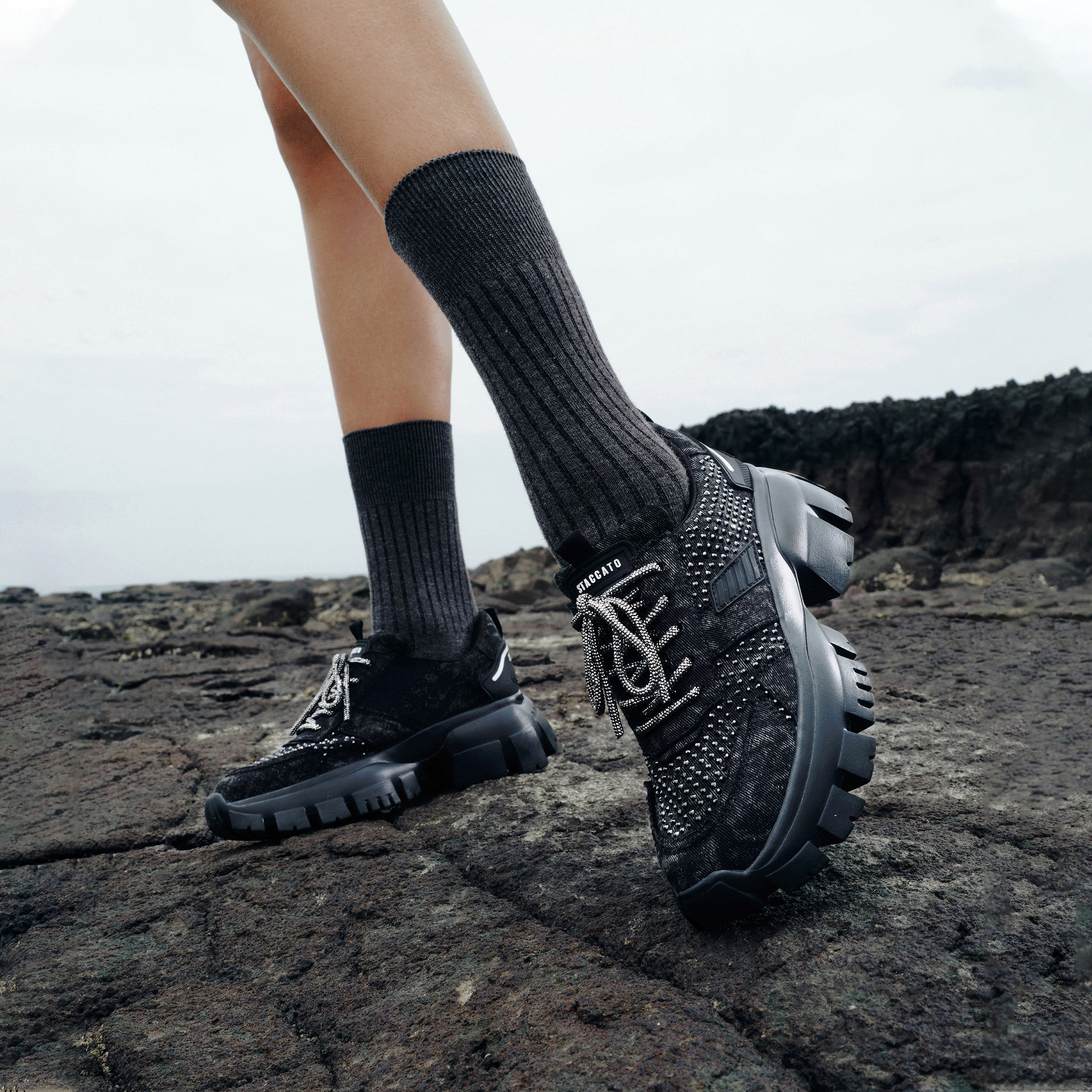 Black Washed Denim Crystal Chunky Sneakers