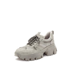 Grey Washed Denim Crystal Chunky Sneakers