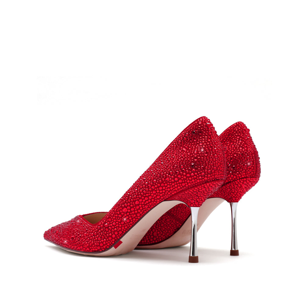 Red Crystal embellished Pointy Pumps