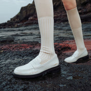 White Brushed Boxy Penny Loafers