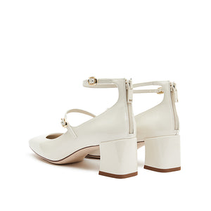 White Double strap Patent Mary Jane Pumps