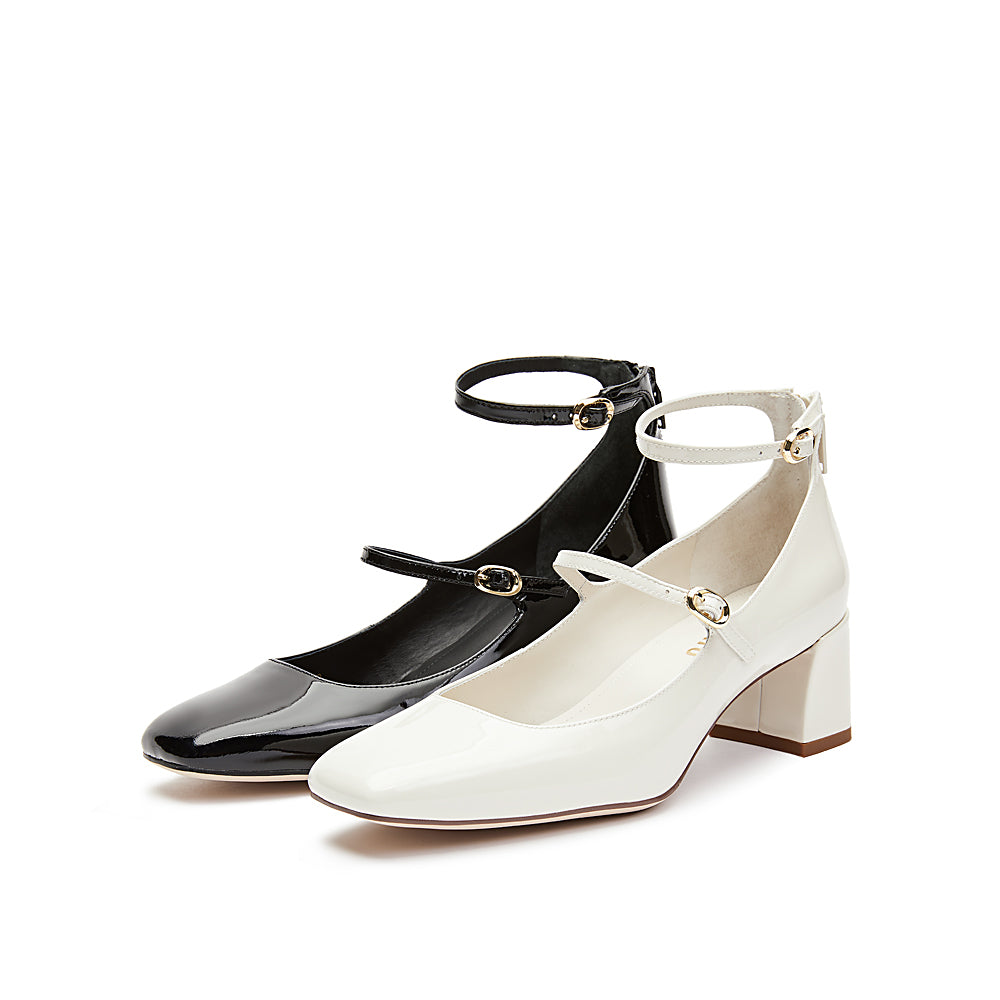 White Double strap Patent Mary Jane Pumps