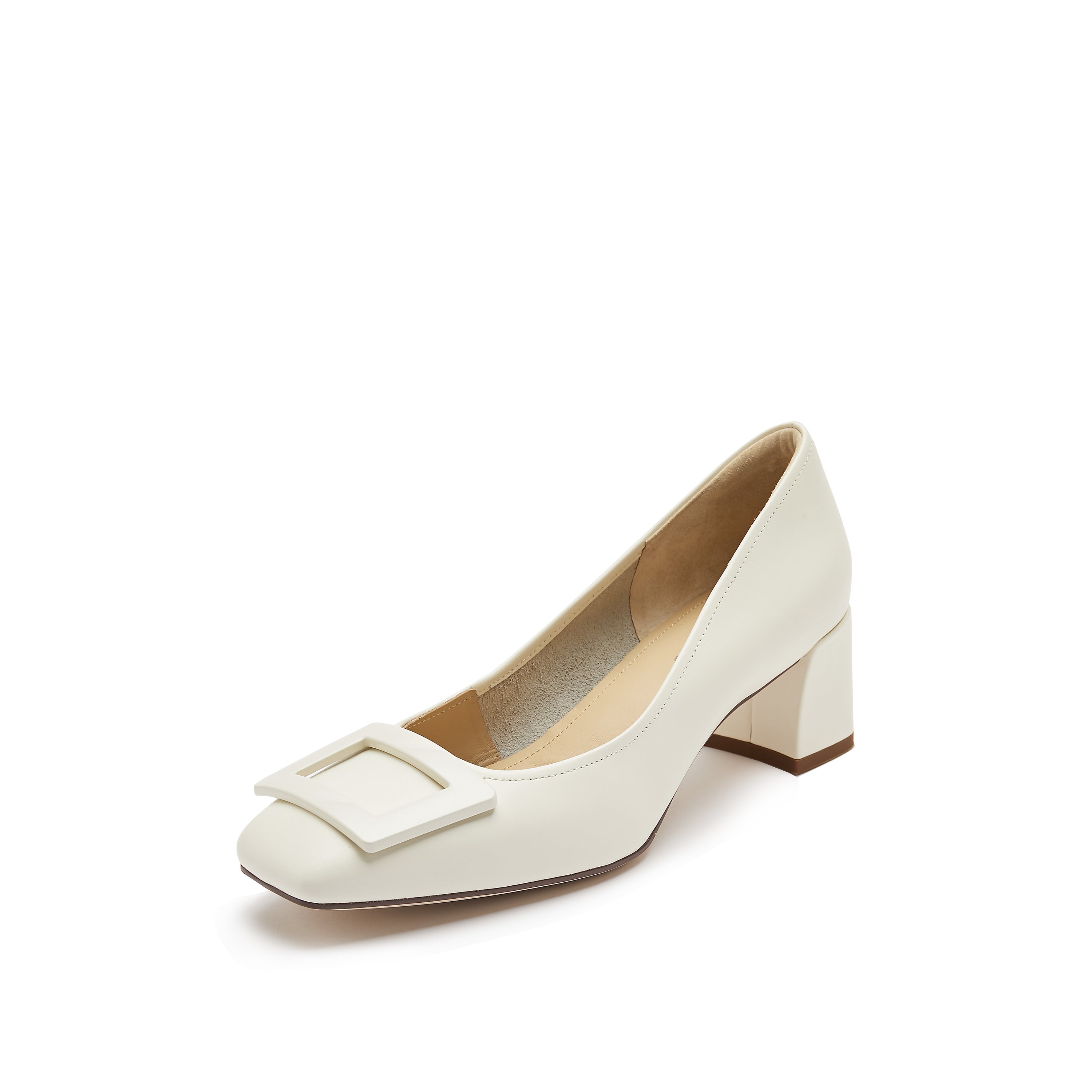 Beige Square Buckle Leather Pumps