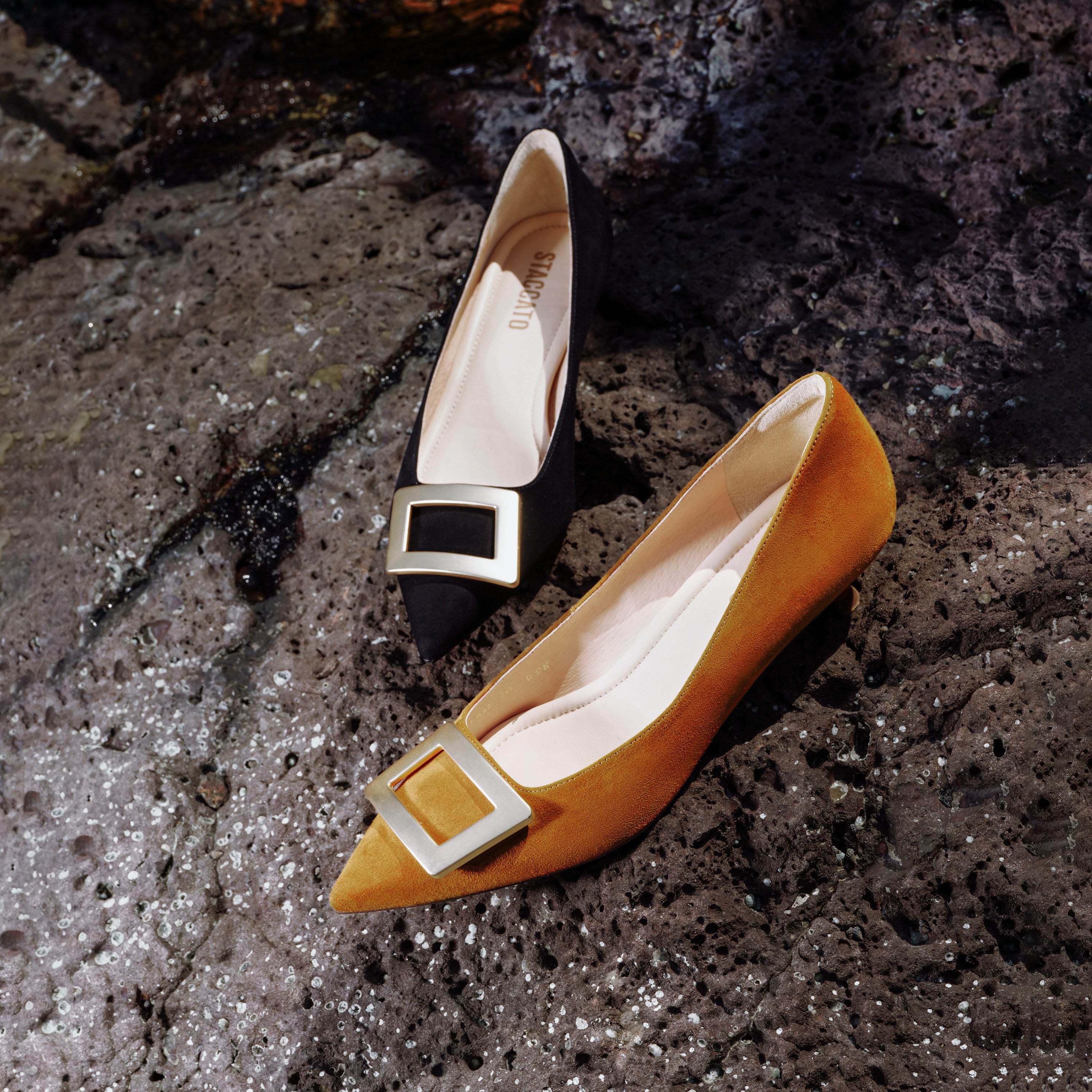 Golden Buckle Camel Kitten Pumps