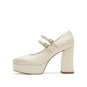Beige Boxy Platform Strap Mary Jane Pumps