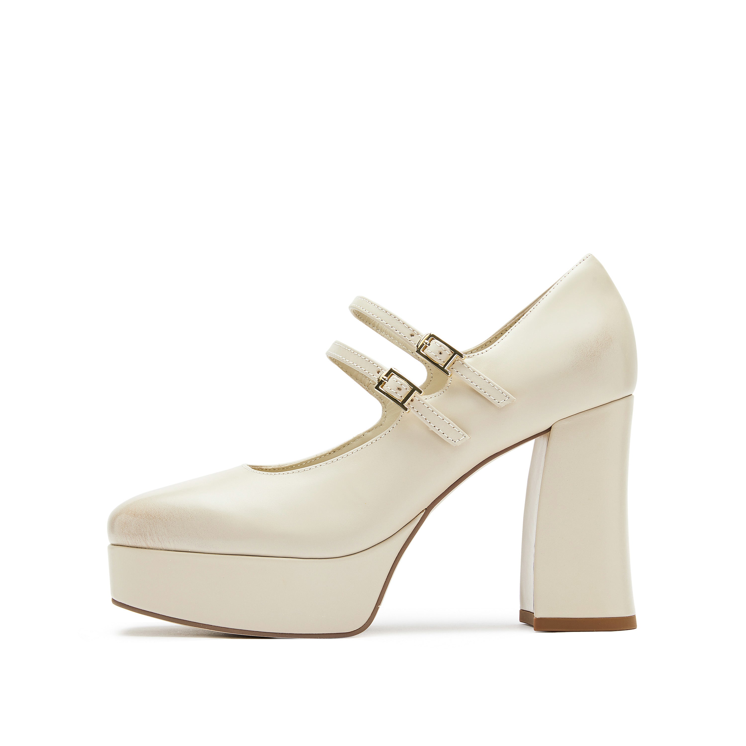 Beige Boxy Platform Strap Mary Jane Pumps