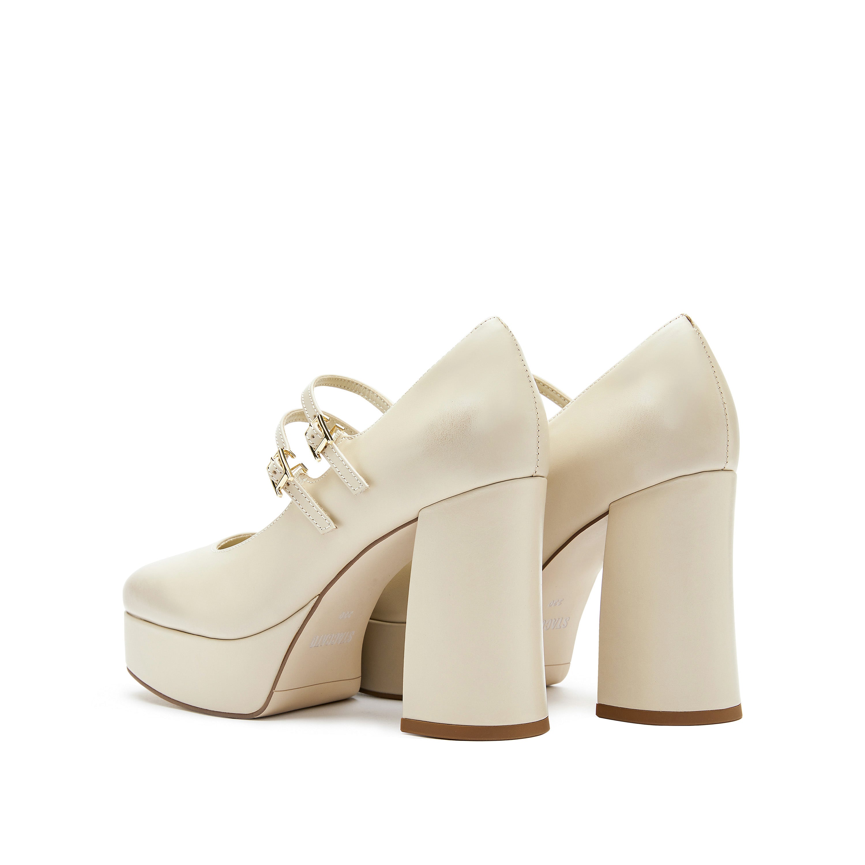 Beige Boxy Platform Strap Mary Jane Pumps