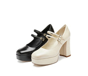 Beige Boxy Platform Strap Mary Jane Pumps
