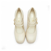 Beige Boxy Platform Strap Mary Jane Pumps