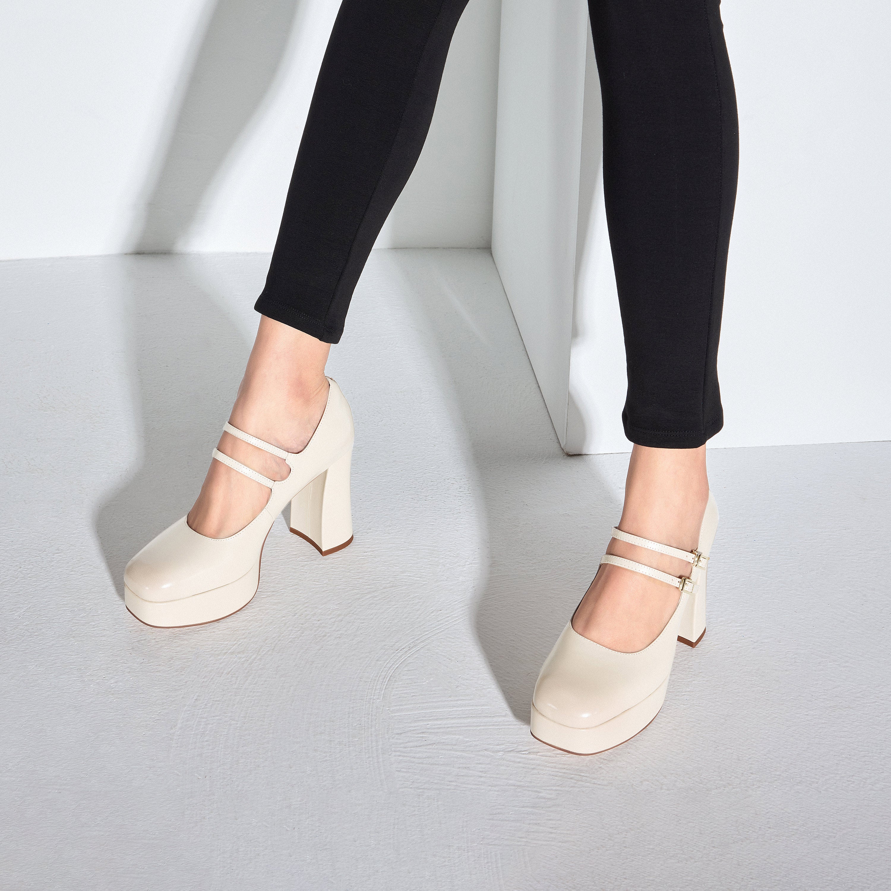Beige Boxy Platform Strap Mary Jane Pumps