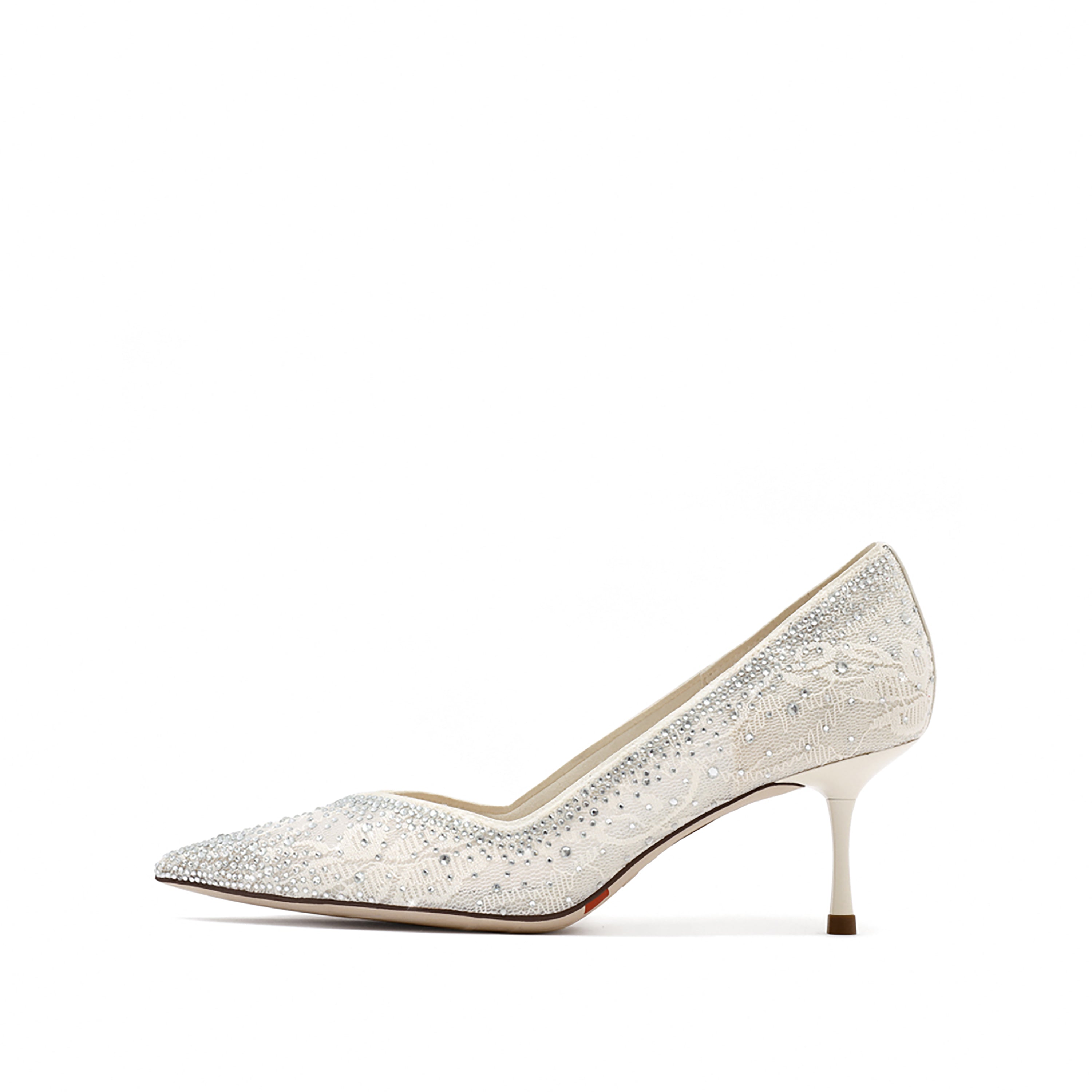 Beige Crystal Lace Pointy Pumps