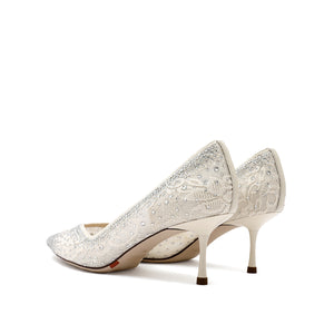 Beige Crystal Lace Pointy Pumps
