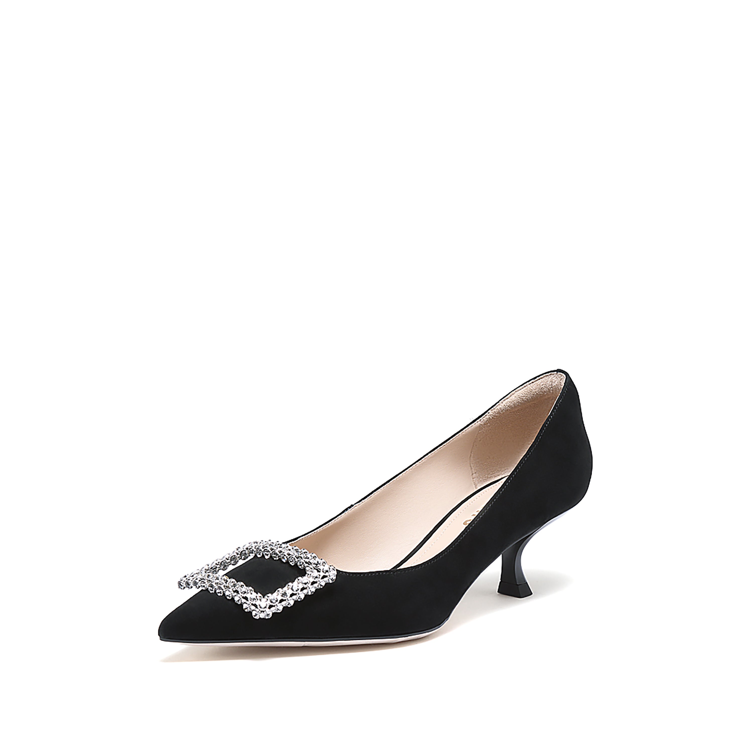 Black Crystal Buckle Suede Pointy Pumps