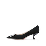 Load image into Gallery viewer, Black Crystal Buckle Suede Pointy Pumps
