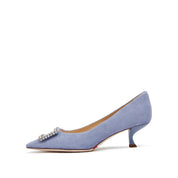 Blue Crystal Buckle Suede Pointy Pumps