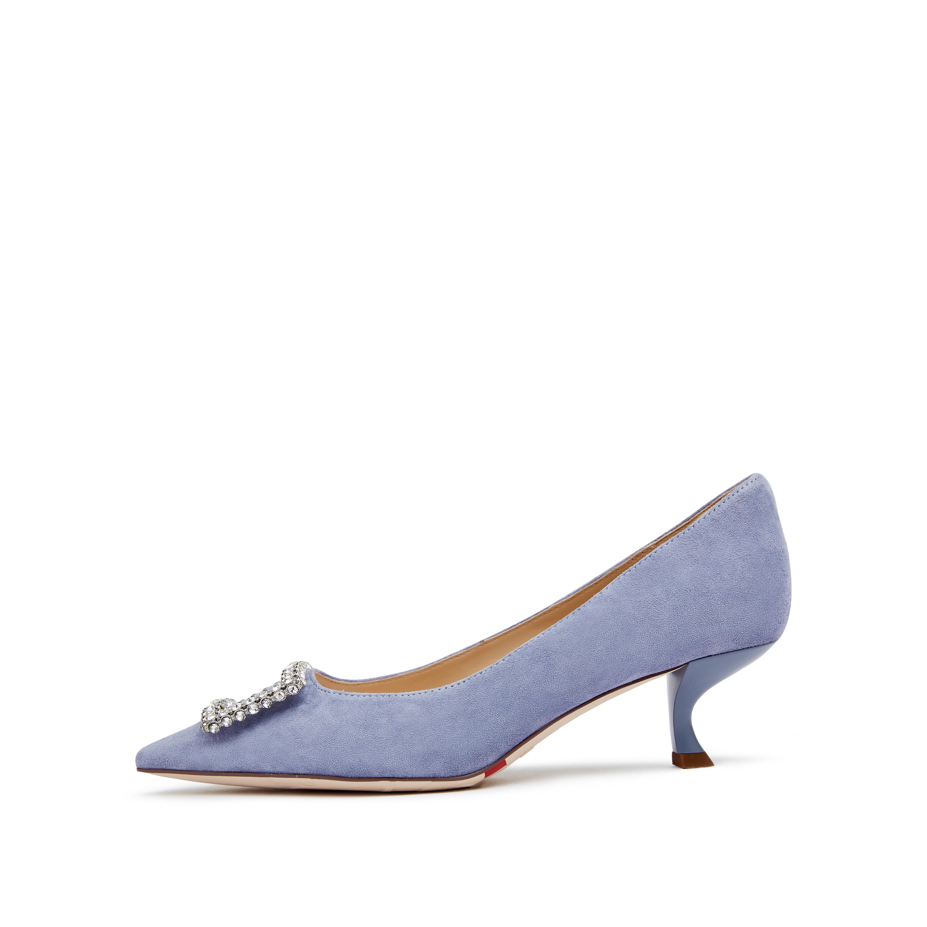 Blue Crystal Buckle Suede Pointy Pumps