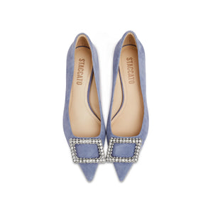 Blue Crystal Buckle Suede Pointy Pumps