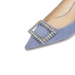 Load image into Gallery viewer, Blue Crystal Buckle Suede Pointy Pumps
