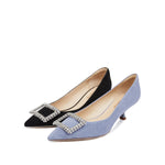 Load image into Gallery viewer, Blue Crystal Buckle Suede Pointy Pumps
