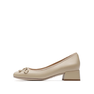Taupe Leather Bow Leather Pumps