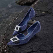 Corduroy Crystal Buckle D'Orsay Pumps
