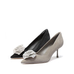 Load image into Gallery viewer, Grey Suede Crystal Rose Pointy Pumps
