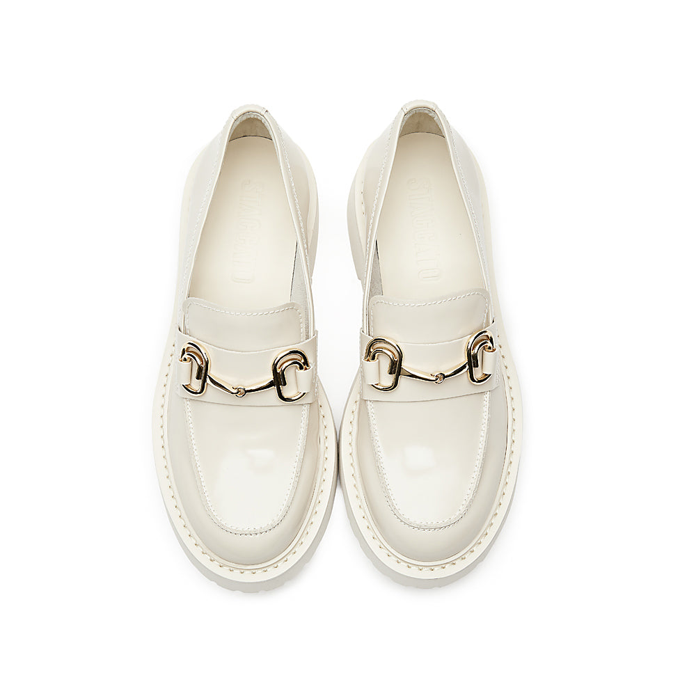 Beige Leather Horsebit Loafers