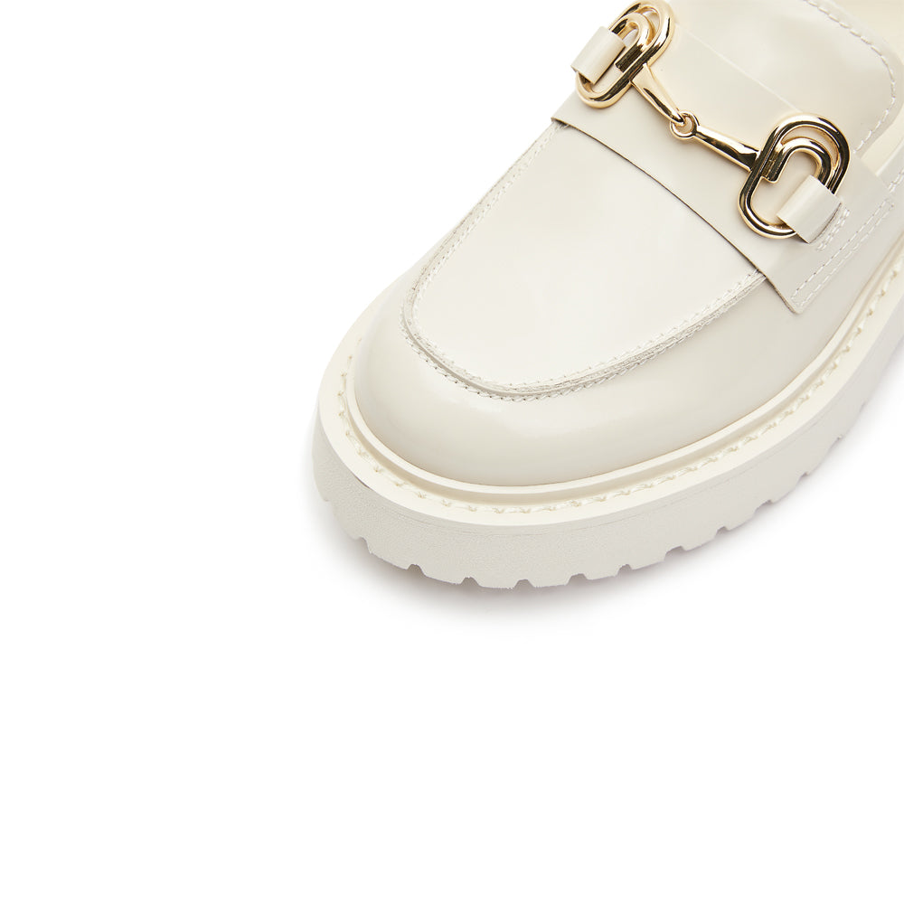 Beige Leather Horsebit Loafers