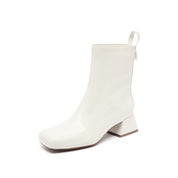 Beige Waxy Square Toe Ankle Boots