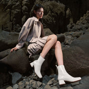 Beige Waxy Square Toe Ankle Boots