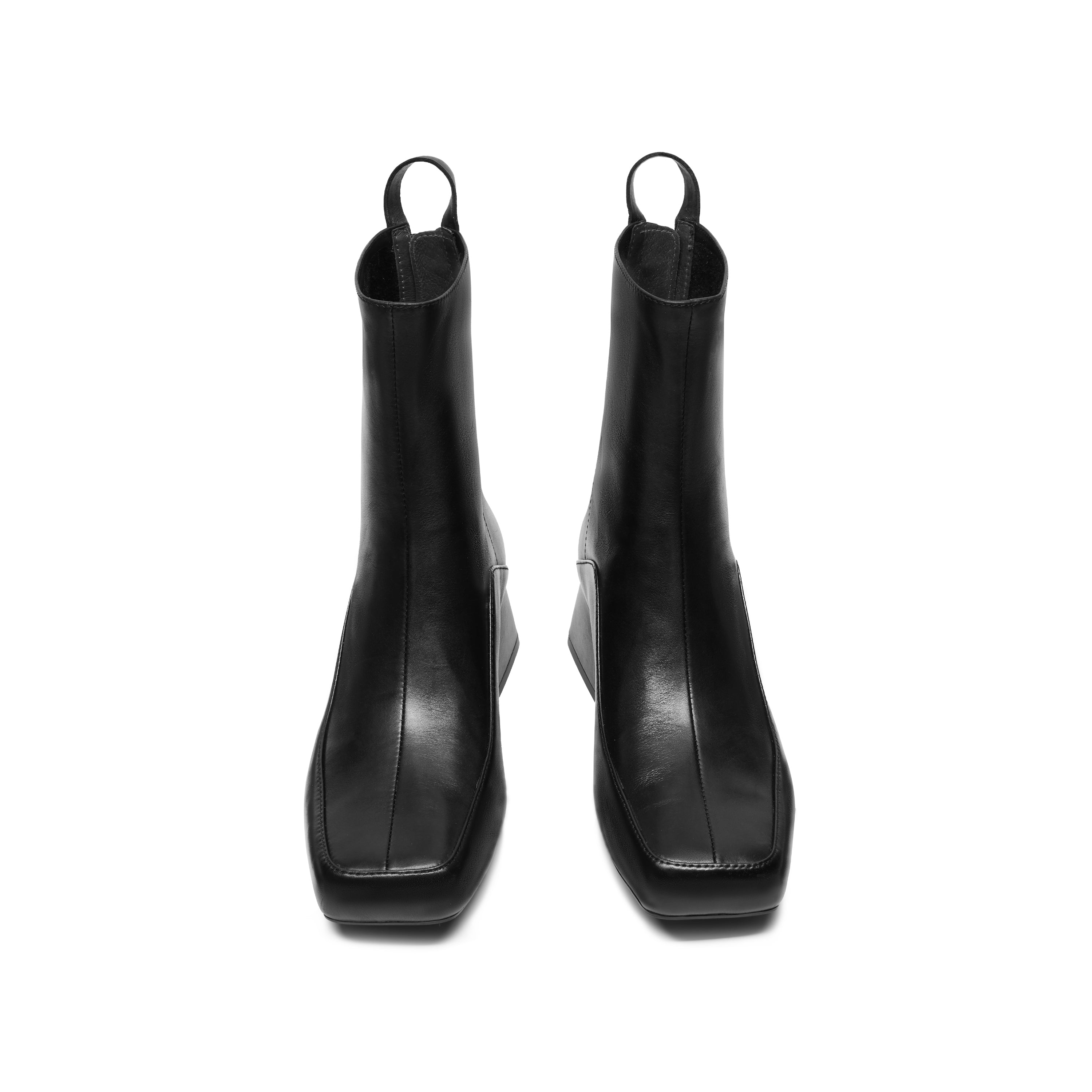 Black Waxy Square Toe Ankle Boots