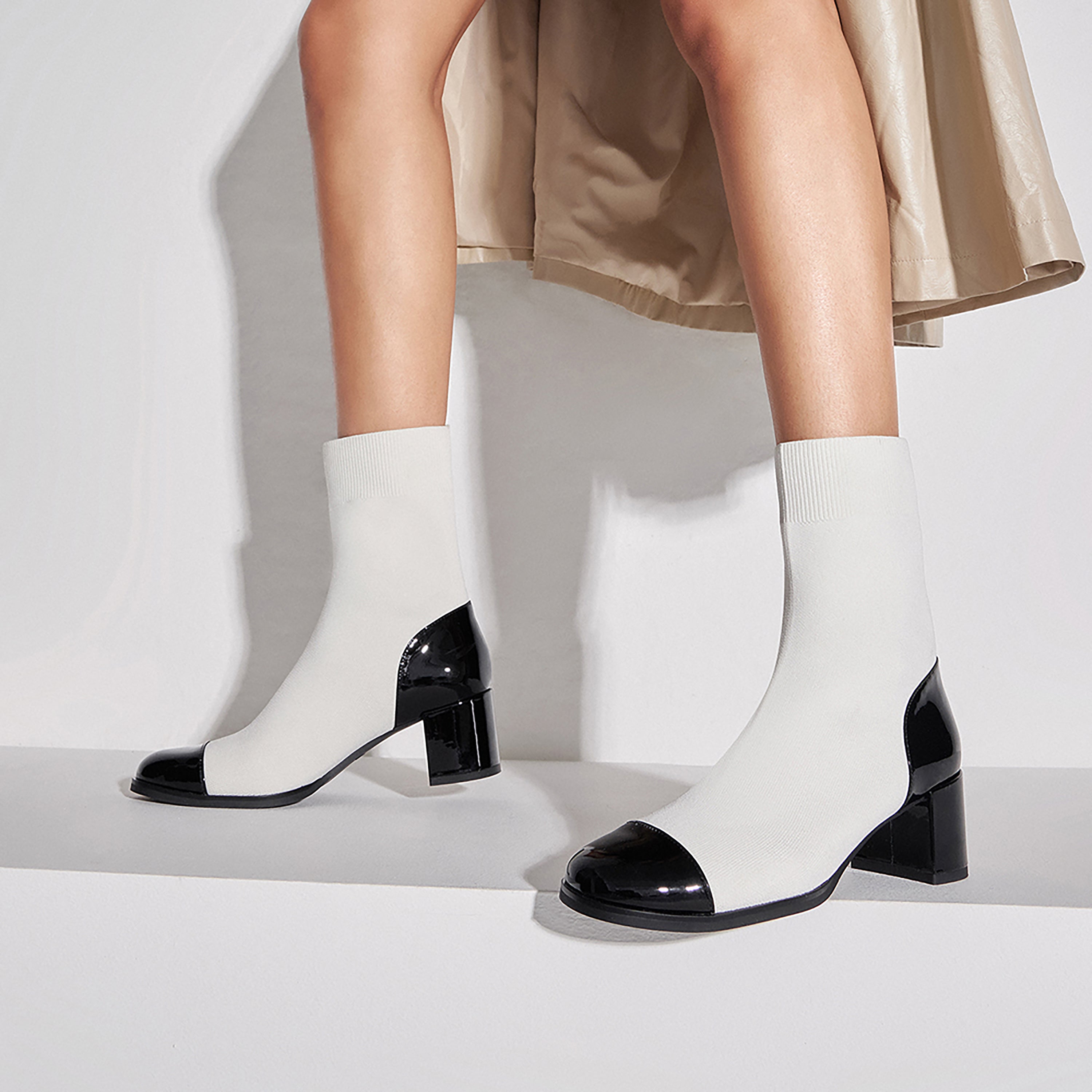 Patent Toe Cap Beige Sock Boots