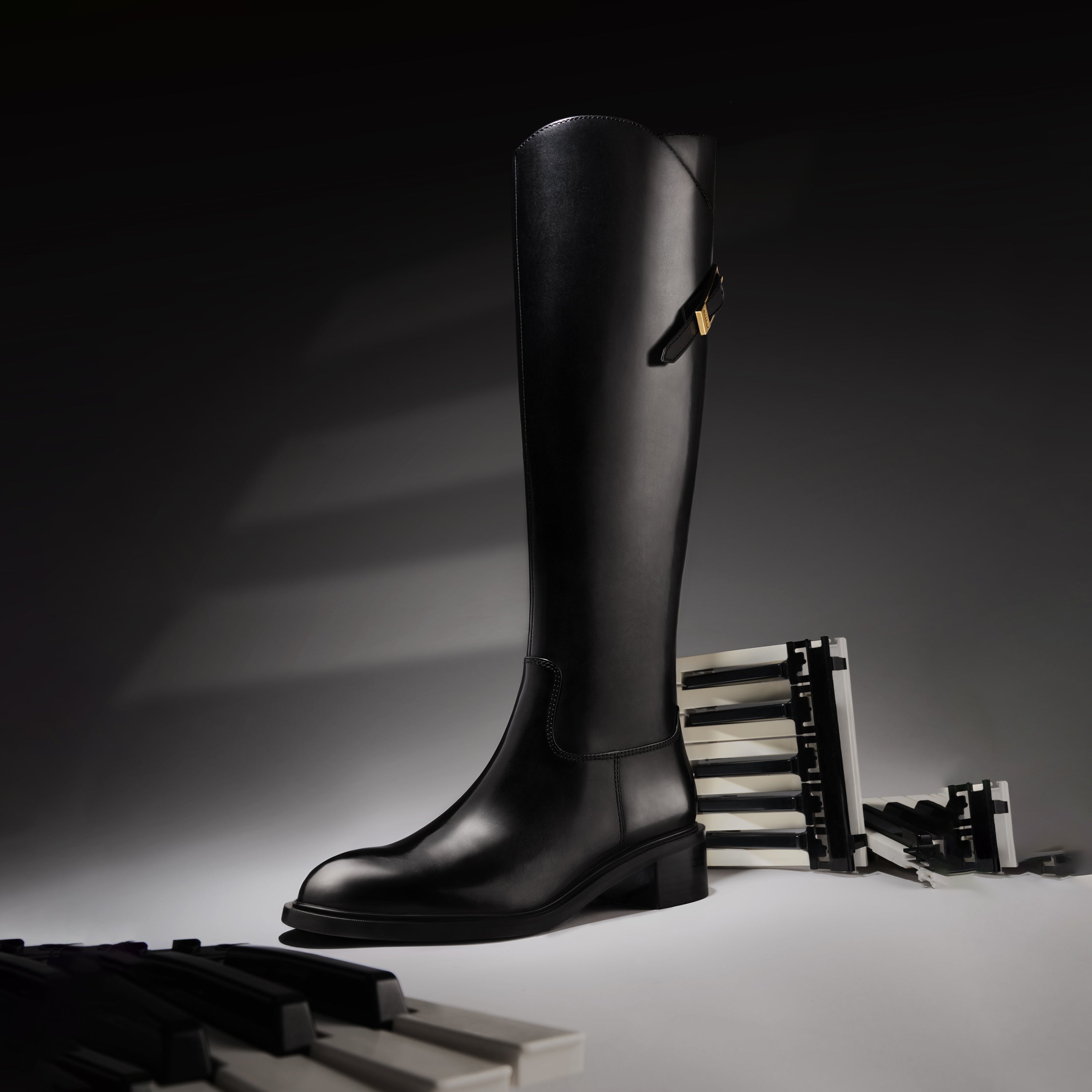Black Floral Horsebit Leather Long Boots
